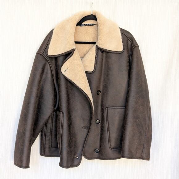 Zara Collection Brown Double-faced Shearling Button Jacket, size L - Picture 1 of 12